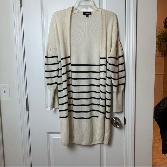 Express Size Small Long Cream and Navy Blue Striped Open Sweater - Picture 1 of 7